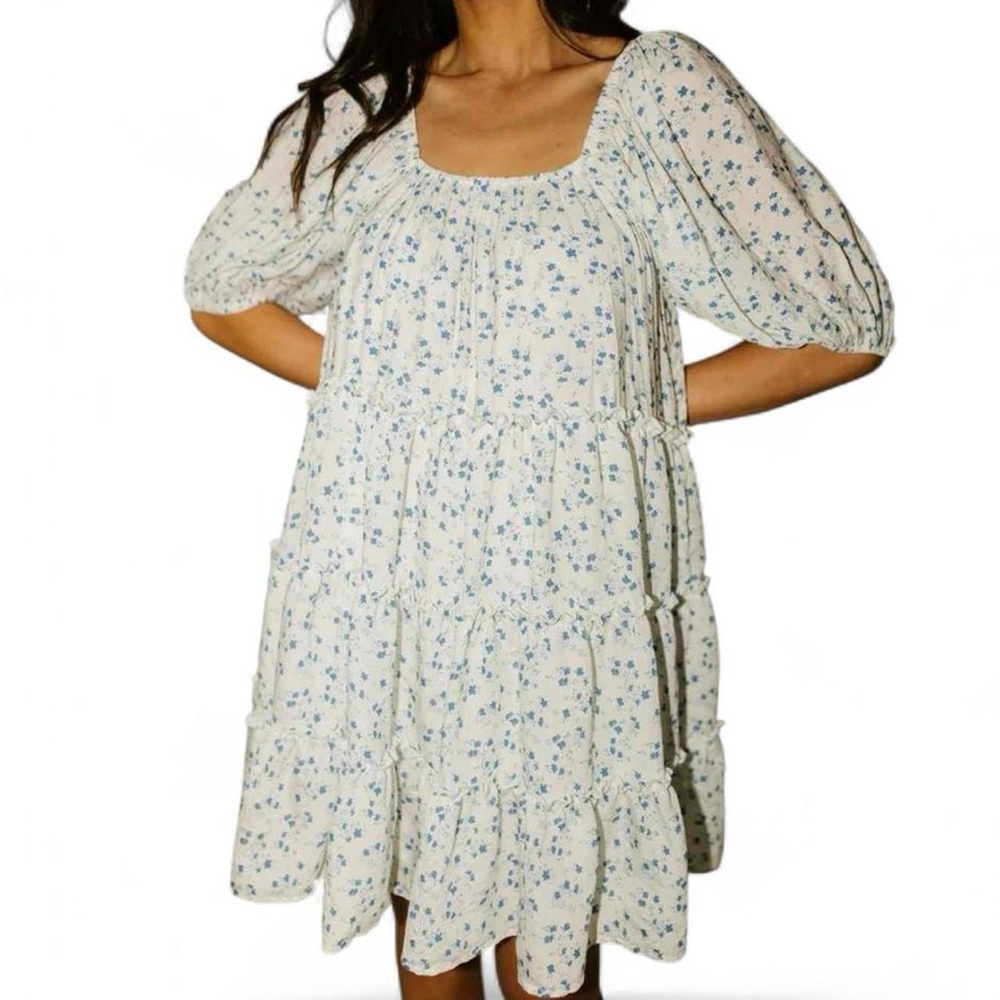 White & Blue Floral Tiered Oversized Mini Dress